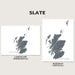 Two maps of Scotland in slate color, one landscape and one portrait orientation, on a light gray background.