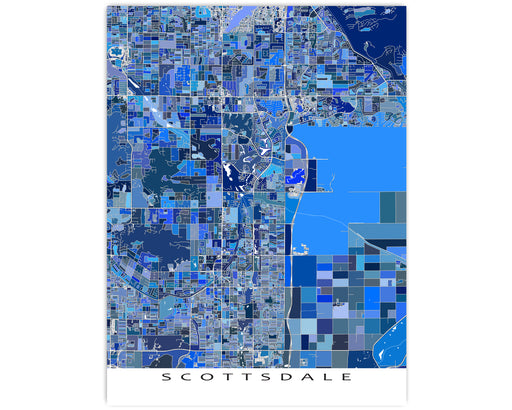 Scottsdale, Arizona map art print in blue shapes designed by Maps As Art.