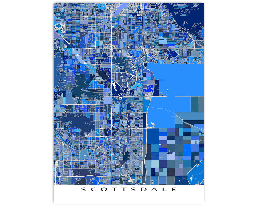Scottsdale, Arizona map art print in blue shapes designed by Maps As Art.