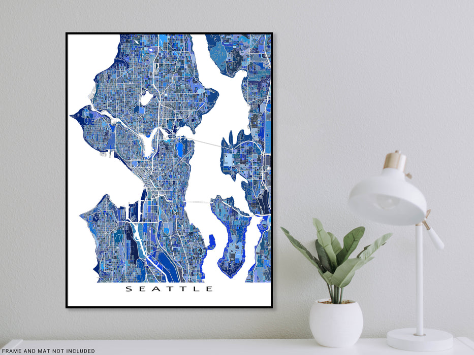 Seattle, Washington map art print in blue shapes designed by Maps As Art.