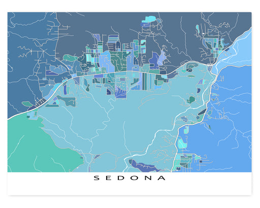 Sedona, Arizona map art print in blue, aqua and turquoise shapes designed by Maps As Art.