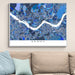 Map of Seoul on a wall above a beige sofa with light blue pillows.