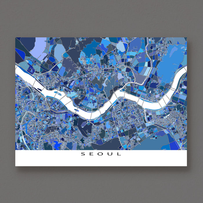 Map of Seoul with a river running through it, on a gray background