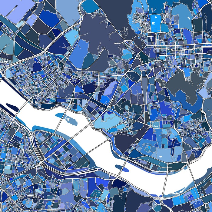 Map of a city with blue and gray color coding