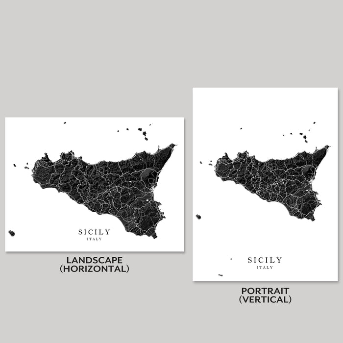 Two maps of Sicily, Italy, one in landscape and one in portrait orientation, on a gray background.