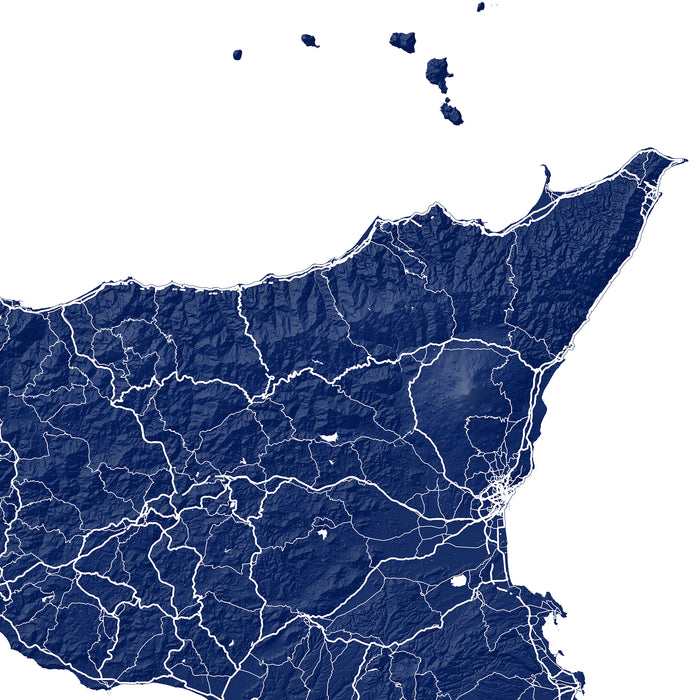Map of Sicily with roads and boundaries in white on a blue background