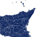 Map of Sicily with roads and boundaries in white on a blue background