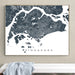 Framed map of Singapore on a wall above a white surface.