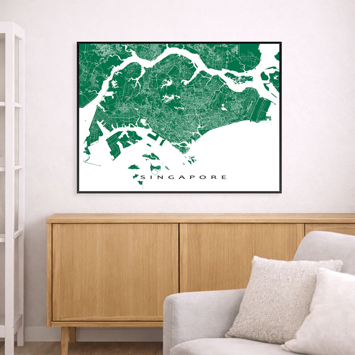 Framed map of Singapore on a wall above a wooden cabinet and sofa.