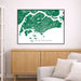 Framed map of Singapore on a wall above a wooden cabinet and sofa.