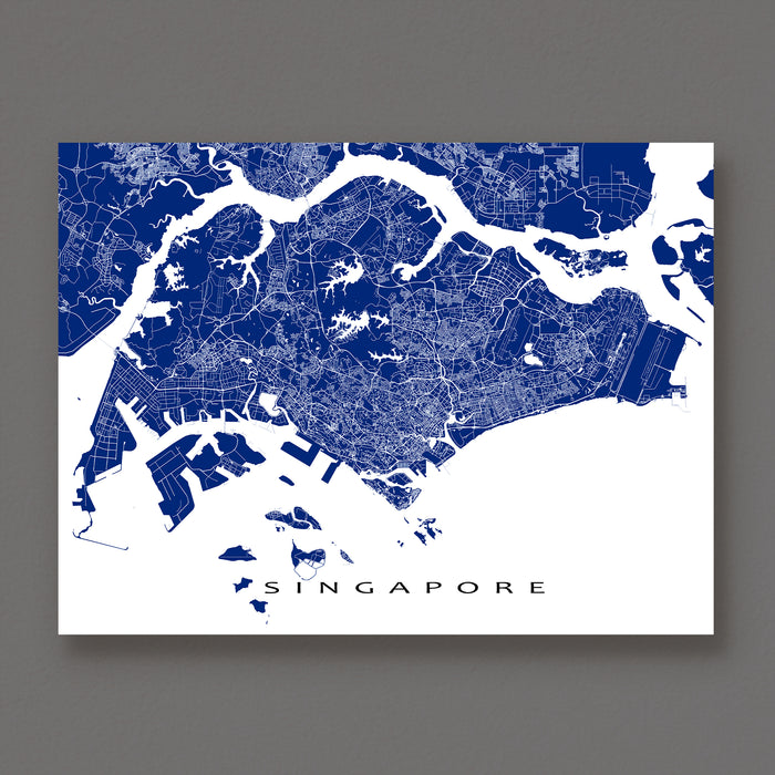 Map of Singapore printed on a white background with blue ink