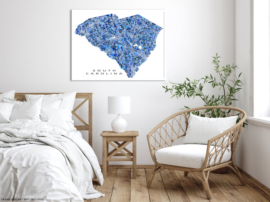 South Carolina state map art print in blue shapes designed by Maps As Art.