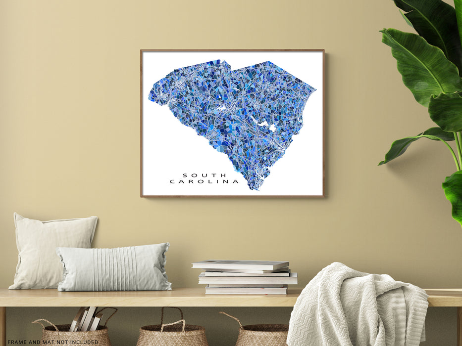 South Carolina state map art print in blue shapes designed by Maps As Art.