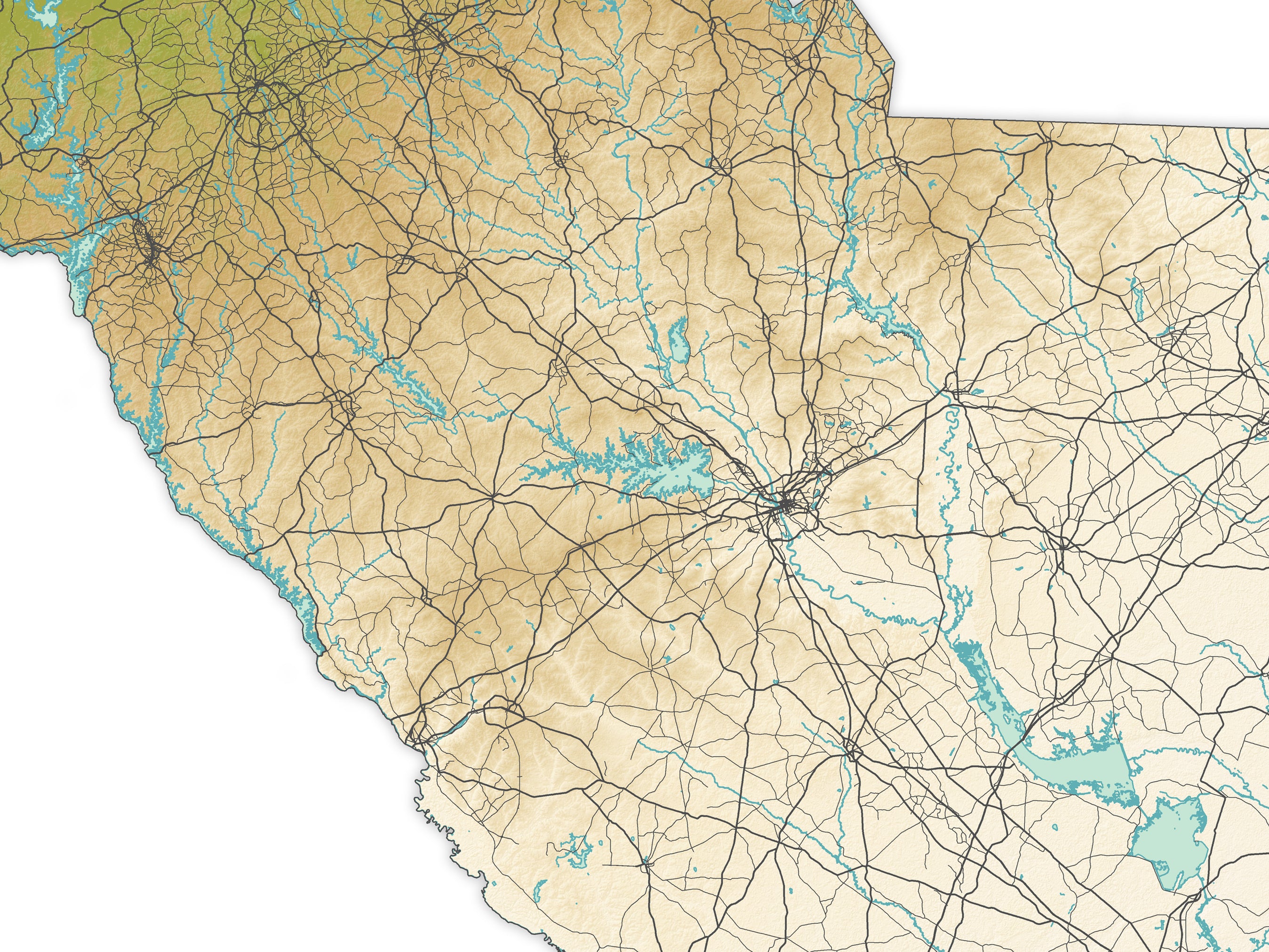 South Carolina State Map Wall Art Print Poster, Topographic Landscape ...