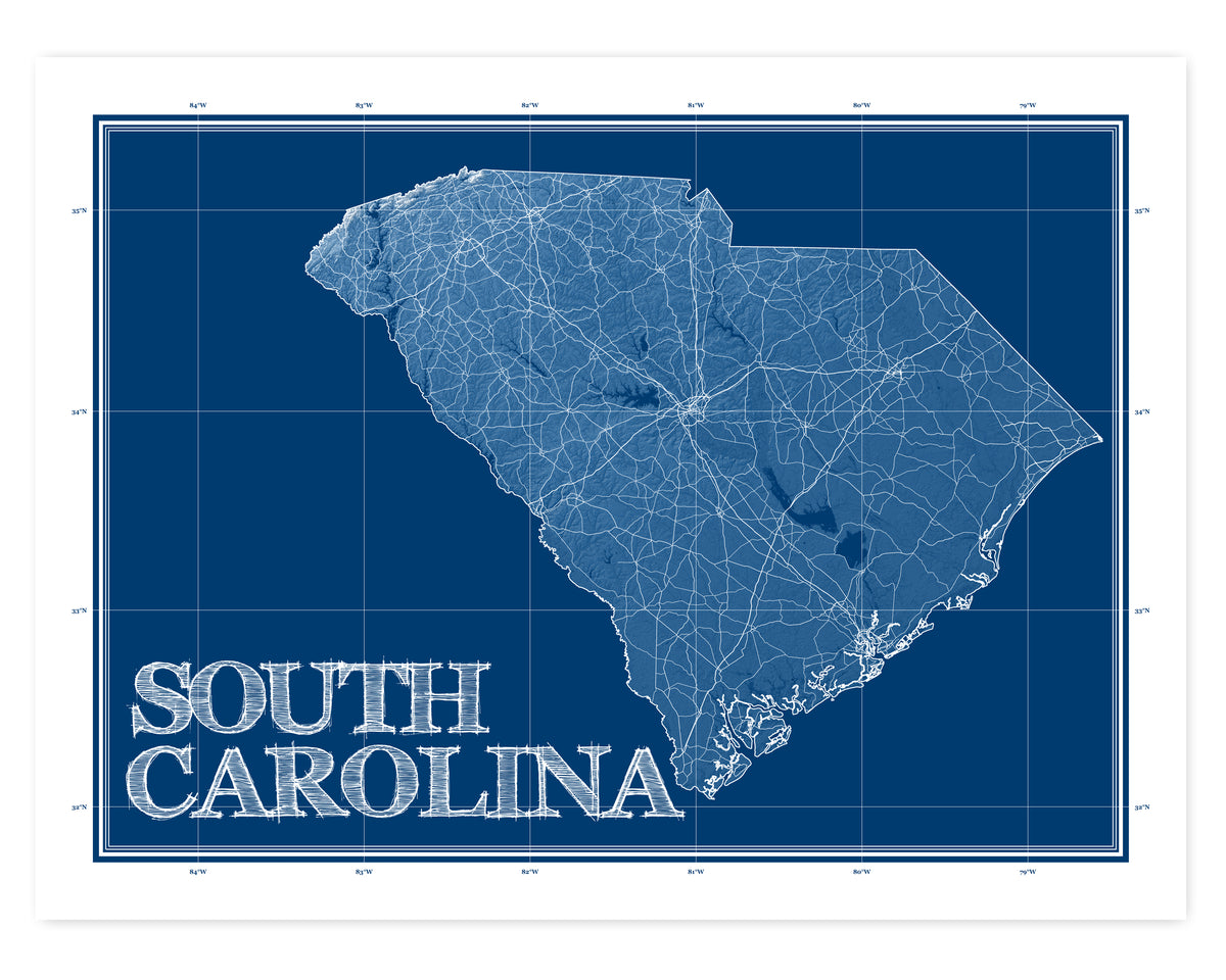 South Carolina State Map Wall Art Print Poster with Blue Patent Bluepr ...