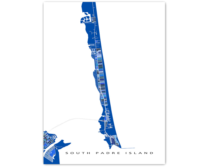 South Padre Island Map Print Poster, Blue Geometric Texas Wall Art Street Road Maps, USA