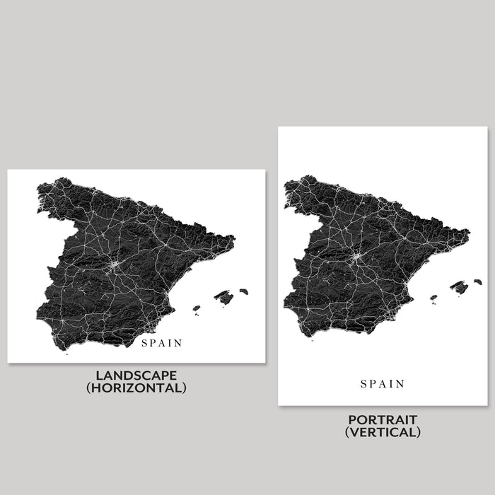 Two maps of Spain, one in landscape and one in portrait orientation, on a gray background.