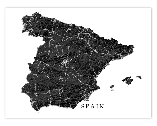 Spain country map art print with a black and white topographic landscape design by Maps As Art.