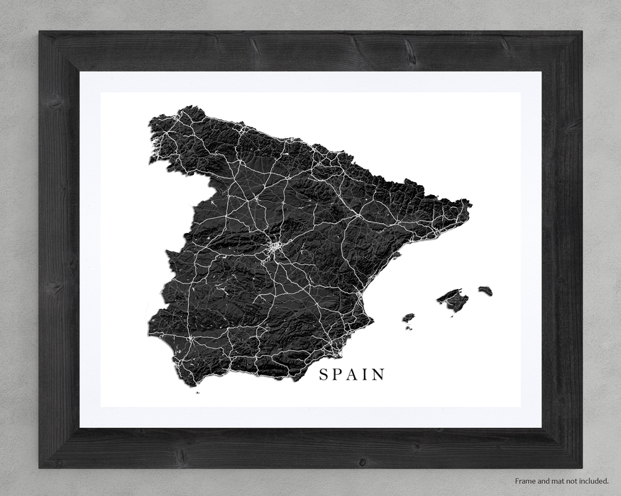 Spain country map art print with a black and white topographic landscape design by Maps As Art.