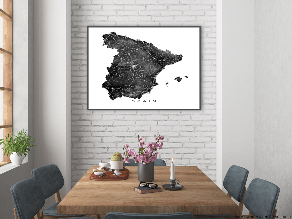 Spain map print with natural landscape and main roads designed by Maps As Art.