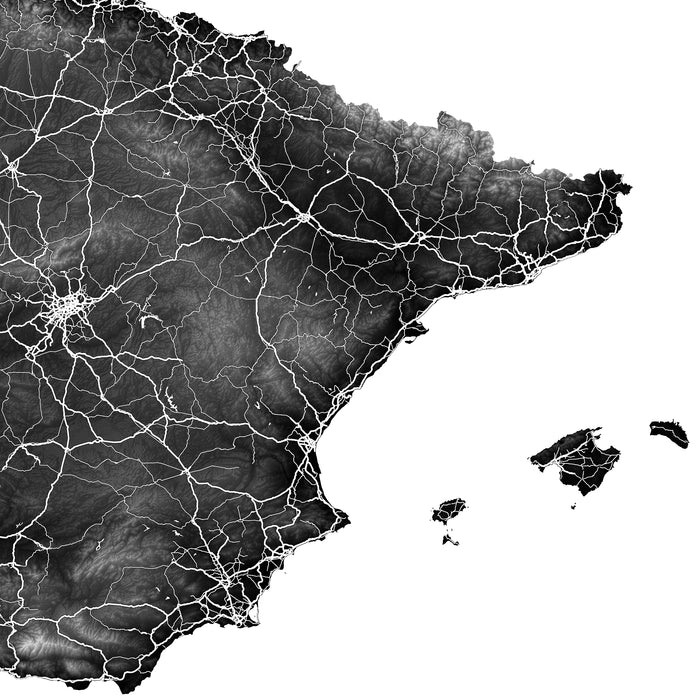 Black and white map of Spain with a focus on Catalonia