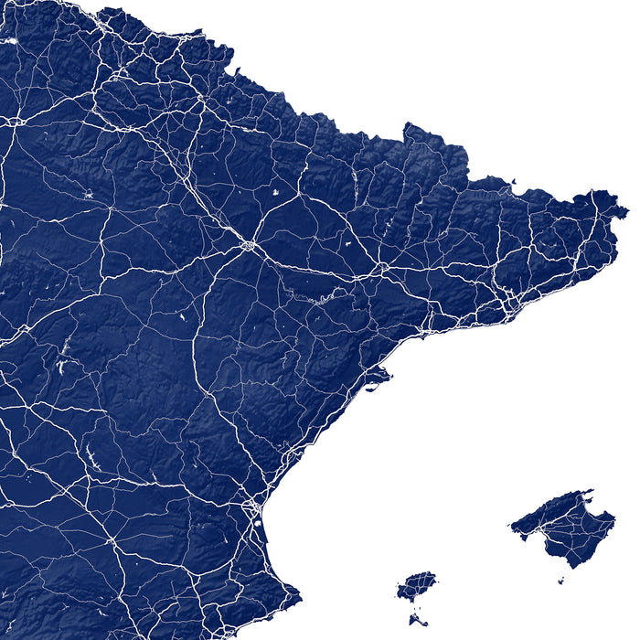 Map of Spain with detailed roads and regions in blue on a white background