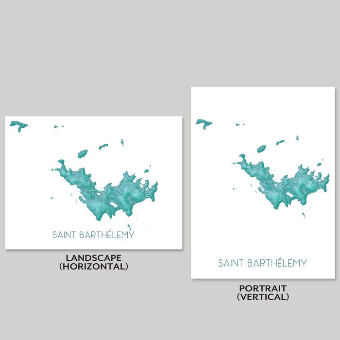 Two maps of Saint Barthélemy, one in landscape and one in portrait orientation, on a gray background.