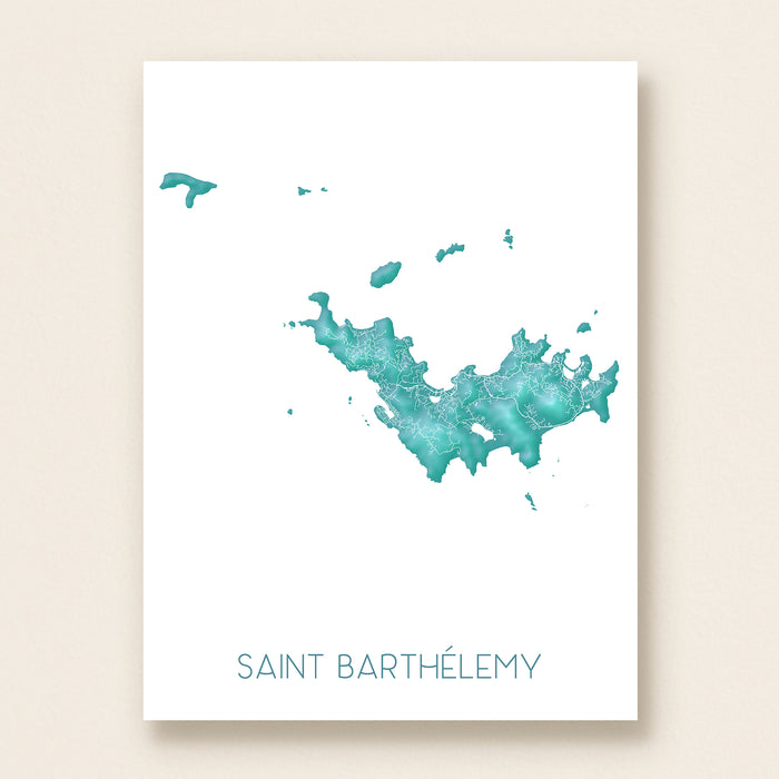 Map of Saint Barthélemy with turquoise design on a white background