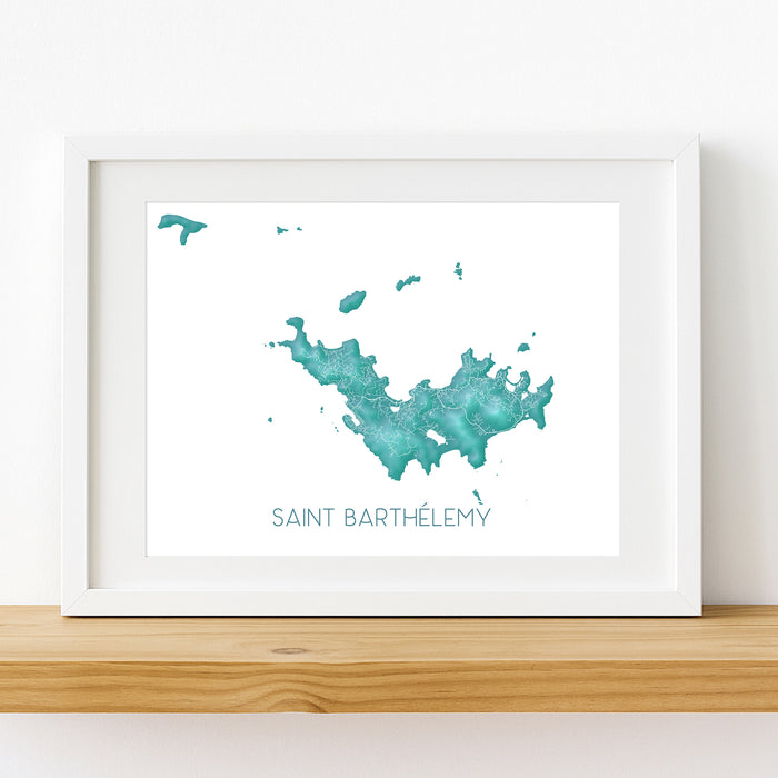 Framed map of Saint Barthélemy on a white wall