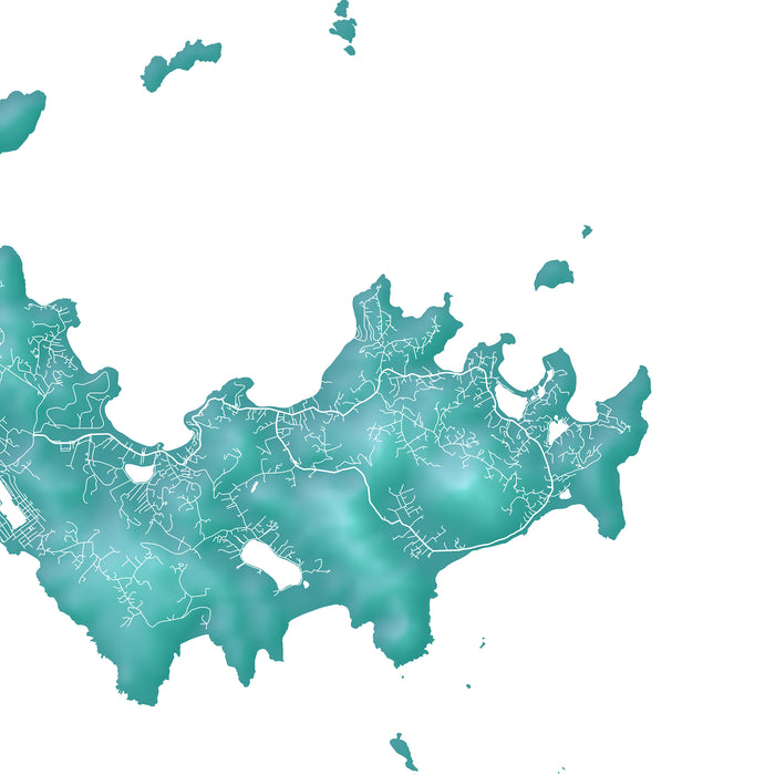 Map of a region with teal and white colors on a white background