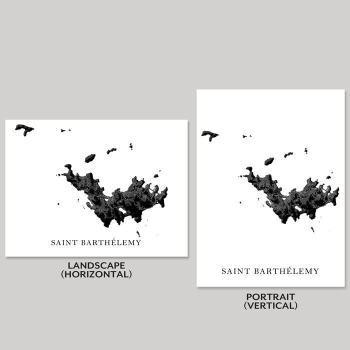 Two black and white maps of Saint Barthélemy, one landscape and one portrait, on a gray background.