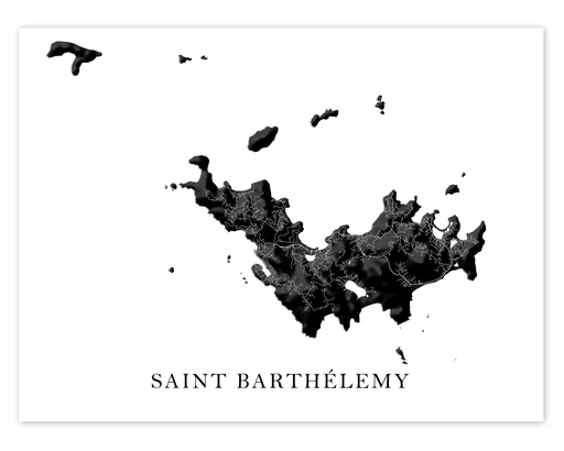 St Barts island map print with a black and white topographic design by Maps As Art.