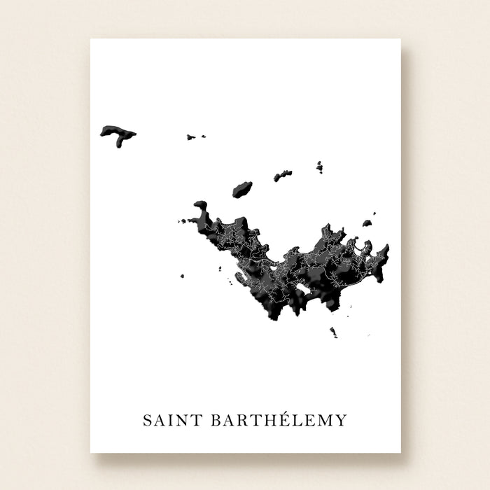 Map of Saint Barthélemy with black ink splashes on a white background