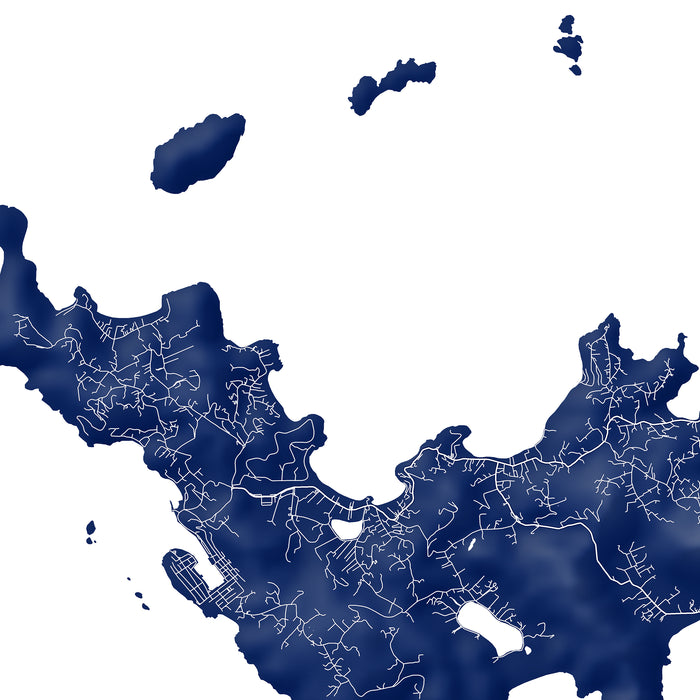 Map of a coastal region with blue water and white land outlines on a white background
