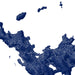 Map of a coastal region with blue water and white land outlines on a white background
