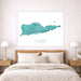 Framed map of St. Croix above a bed in a bedroom setting