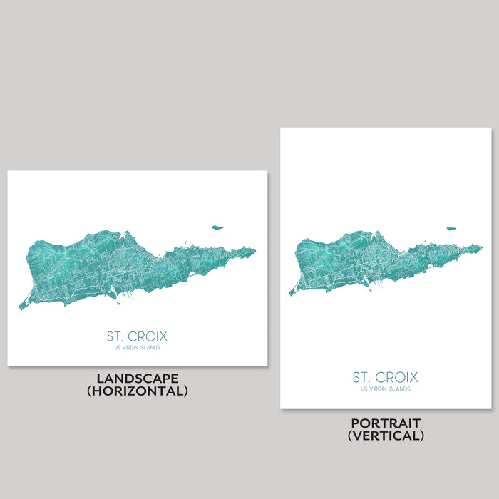 Two maps of St. Croix, US Virgin Islands, one in landscape and one in portrait orientation on a gray background.