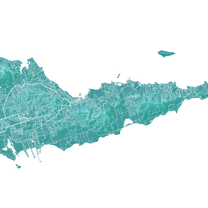 Teal map of a coastal area with grid lines on a white background
