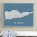 Framed map of St. Croix, United States Virgin Islands on a blue background, hanging on a wall.