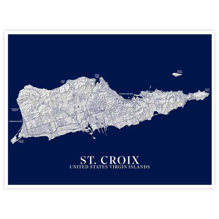 Map of St. Croix, United States Virgin Islands on a dark blue background