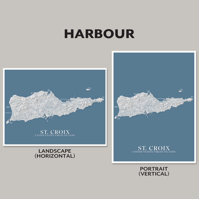 Two map prints of St. Croix, US Virgin Islands, one landscape and one portrait, on a gray background.