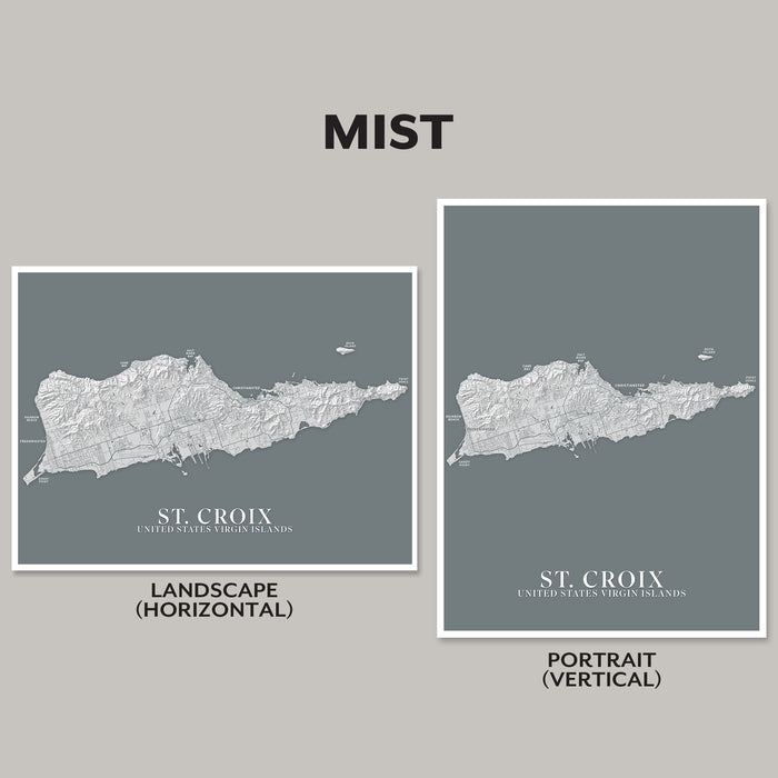Two map prints of St. Croix, US Virgin Islands, on a gray background with 'MIST' branding.