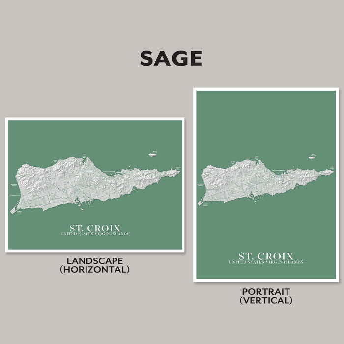 Two map prints of St. Croix, US Virgin Islands, on a gray background with 'SAGE' branding.