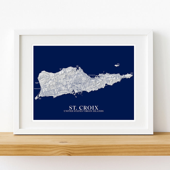Framed map of St. Croix, United States Virgin Islands on a blue background