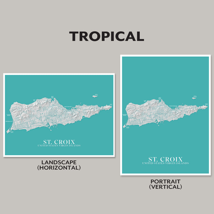Two map prints of St. Croix, U.S. Virgin Islands on a gray background with 'Tropical' text.