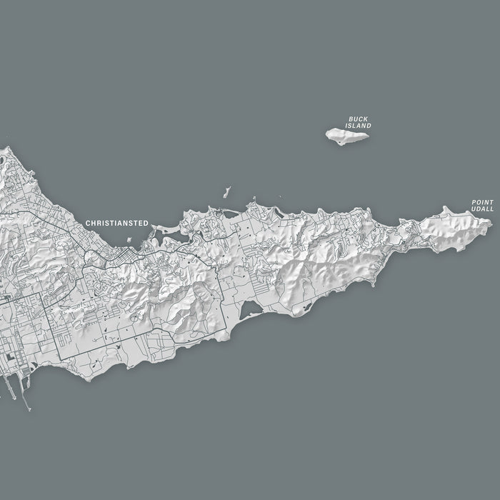 Map of St. Croix with labeled points on a gray background