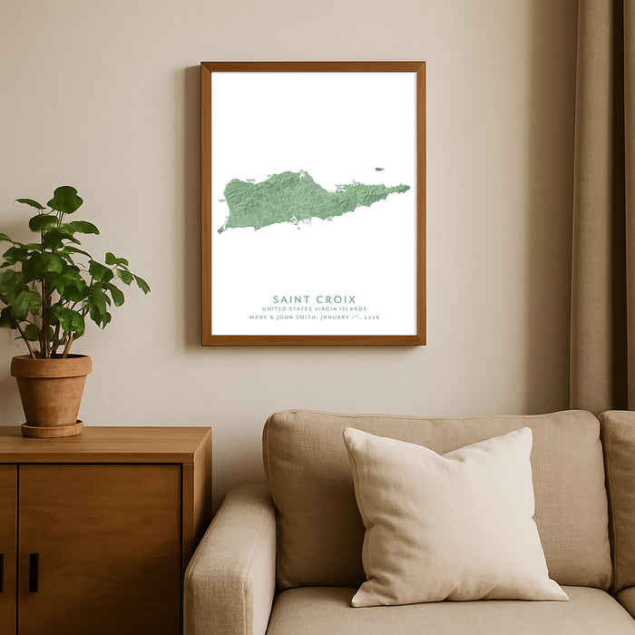 Framed map of Saint Croix on a wall above a sofa with a plant beside it.