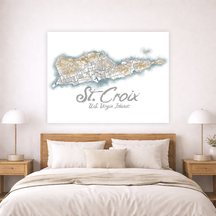 Map of St. Croix, U.S. Virgin Islands on a wall above a bed.