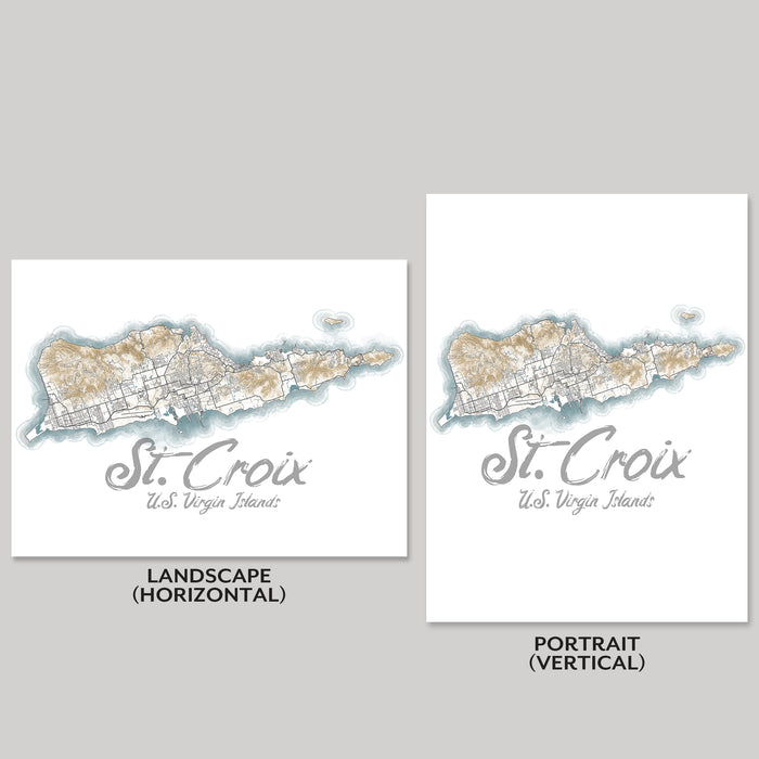 Two maps of St. Croix, U.S. Virgin Islands, one in landscape and one in portrait orientation on a gray background.