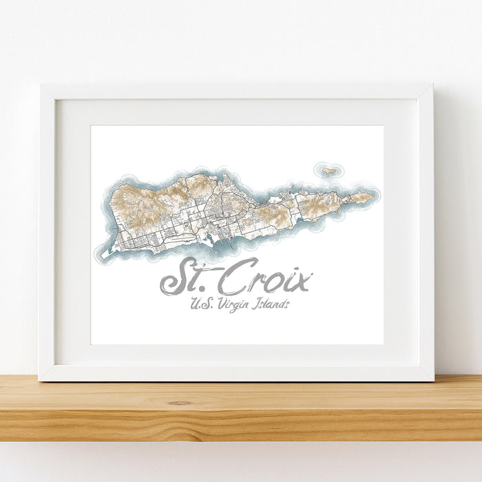 Framed map print of St. Croix, U.S. Virgin Islands on a white wall.